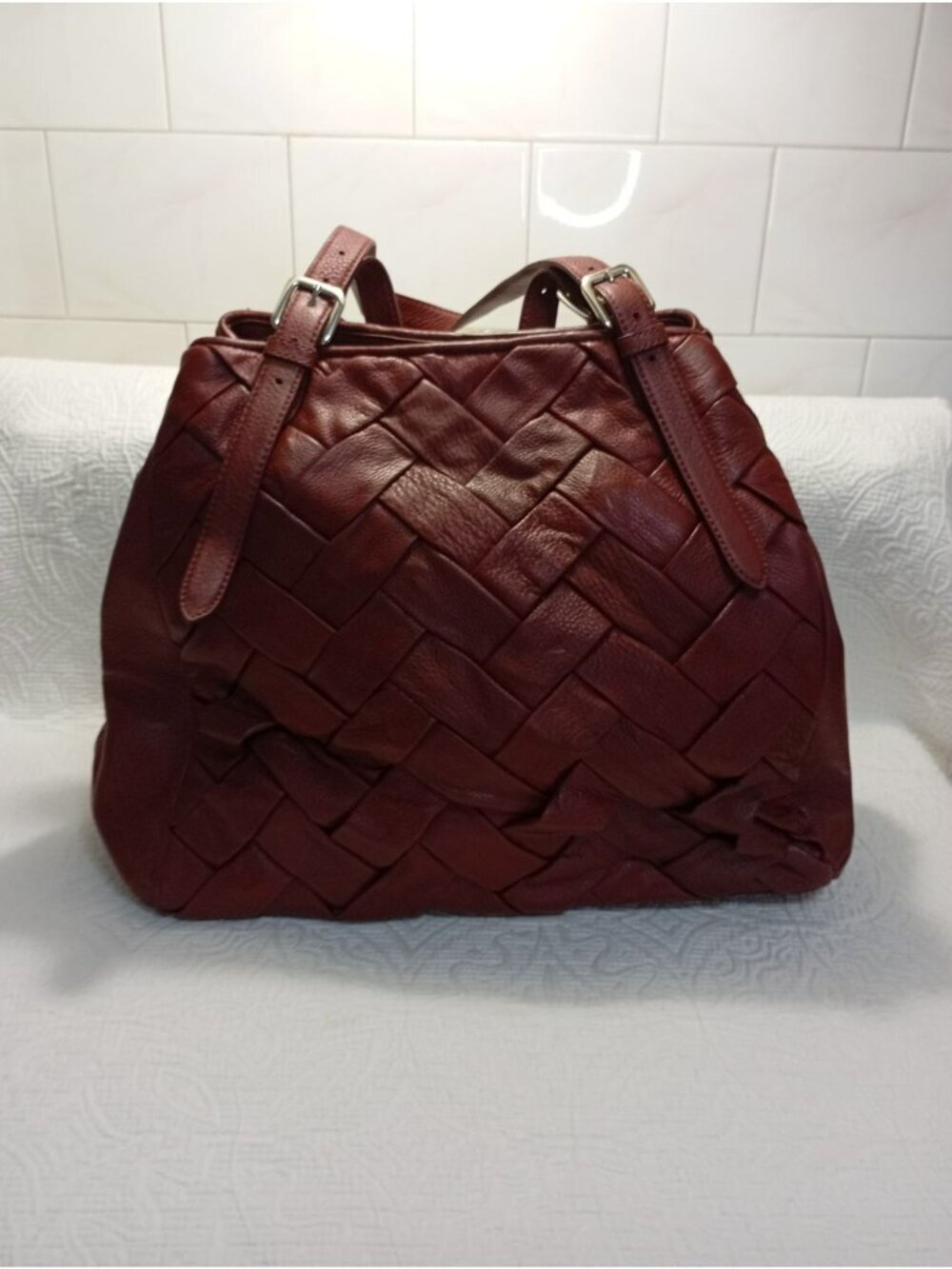 Cole Haan Red Woven Leather Tote Bag With Adjustable Straps And Interior Pockets